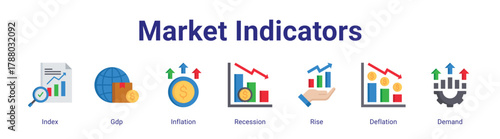 Market Indicators web icon vector illustration concept with icon of Index, Gdp, Inflation, Recession, Rise, Deflation, Demand.
