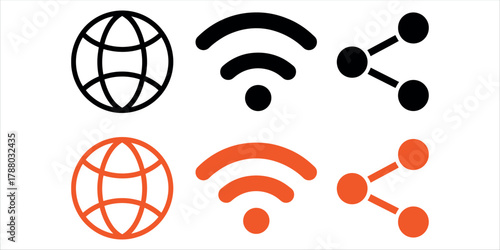 Modern icons representing global connectivity, wireless networks, and data sharing for digital communication and technology concepts.