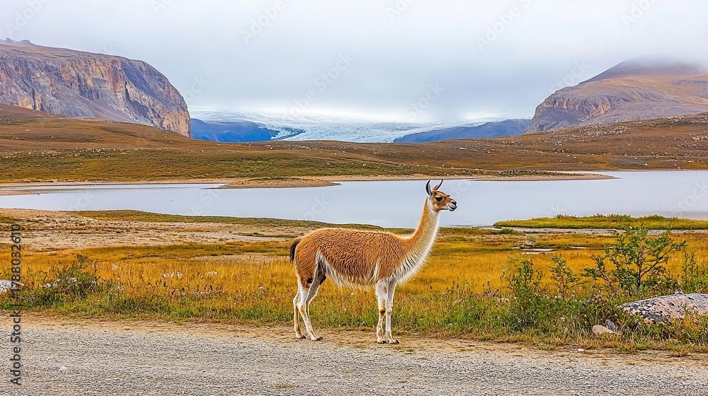 Obraz premium A solitary llama stands beside a tranquil lake amid golden plains and distant cliffs