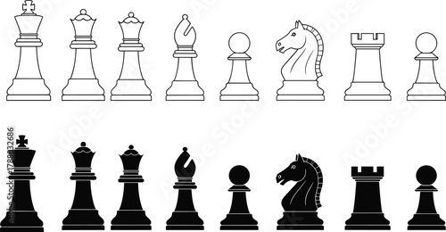 Foto Chess pieces vector illustration, black and white icons, king queen bishop knigh