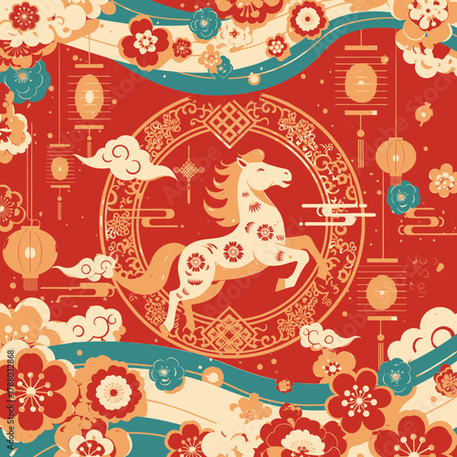 An elegant Chinese Lunar New Year celebration featuring a galloping horse, lanterns, and floral motifs, symbolizing prosperity for the Spring Festival