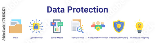 Data Protection web icon vector illustration concept with icon of Data,Cybersecurity,Social Media,Transparency,Consumer Protection,Intellectual Property,Intellectual Property.