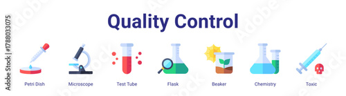 Quality Control web icon vector illustration concept with icon of Petri Dish,Microscope,Test Tube,Flask,Beaker,Chemistry,Toxic.