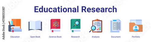 Educational Research web icon vector illustration concept with icon of Education,Open Book,Science Book,Research,Analysis,Document,Portfolio.