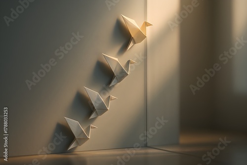 Origami Paper Birds Climbing Wall Toward Sunlight – Concept of Freedom, Creativity, and Growth
