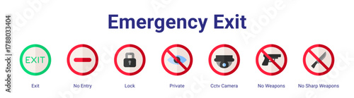 Emergency Exit web icon vector illustration concept with icon of Exit,No Entry,Lock,Private,Cctv Camera,No Weapons,No Sharp Weapons.