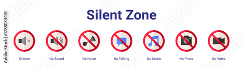 Silent Zone web icon vector illustration concept with icon of Silence,No Sound,No Noise,No Talking,No Music,No Photo,No Video.