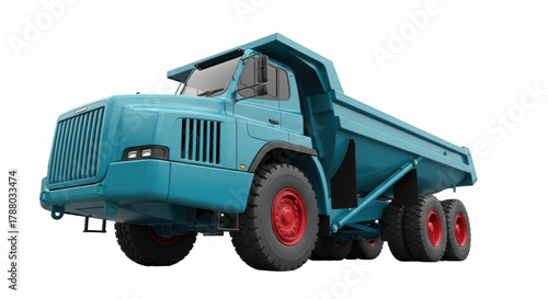 Photography Isolated large dump truck in turquoise color, heavy equipment for transporting m