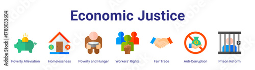 Economic Justice web icon vector illustration concept with icon of Poverty Alleviation,Homelessness,Poverty and Hunger,Workers' Rights,Fair Trade,Anti-Corruption,Prison Reform.