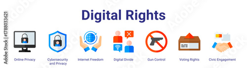 Digital Rights web icon vector illustration concept with icon of Online Privacy,Cybersecurity and Privacy,Internet Freedom,Digital Divide,Gun Control,Voting Rights,Civic Engagement.
