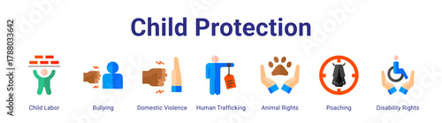 Child Protection web icon vector illustration concept with icon of Child Labor,Bullying,Domestic Violence,Human Trafficking,Animal Rights,Poaching,Disability Rights.