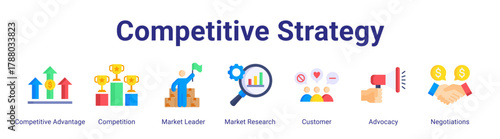 Competitive Strategy web icon vector illustration concept with icon of Competitive Advantage,Competition,Market Leader,Market Research,Customer,Advocacy,Negotiations.
