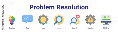 Problem Resolution web icon vector illustration concept with icon of Solution,Faq,Idea,Search,Search,Warning,404 Error.