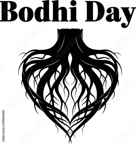 Celebrate Bodhi Day with this inspiring graphic featuring the word 'Bodhi Day' above a symbolic heart shaped root system