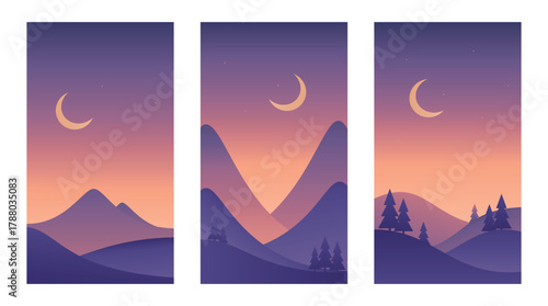 Minimalistic winter night landscapes in Scandinavian style. Gradient vector design in purple colors. Hand drawn original illustrations for festive compositions