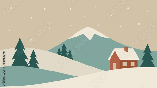 Minimalistic landscape with house in Scandinavian style. Vector art of mountain. Hand drawn original illustration for Christmas cards.