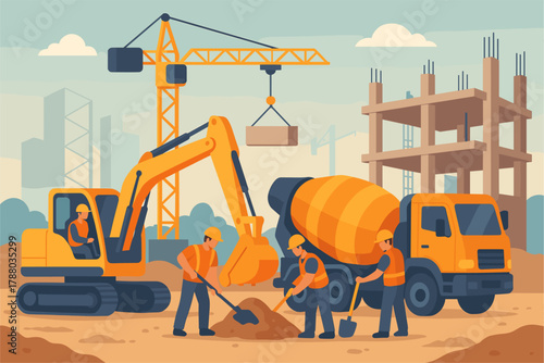 Construction Site with Workers and Heavy Machinery — Excavator, Crane, Cement Mixer Truck