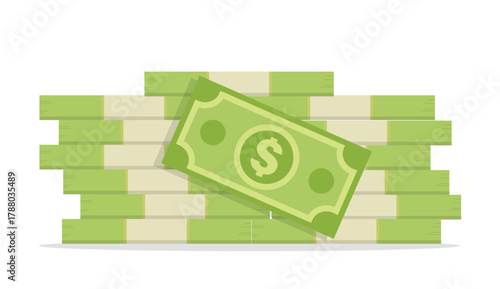 Isolated illustration of stacked green dollar bills, symbolizing money, wealth, finance, economy, success, and financial growth concept.