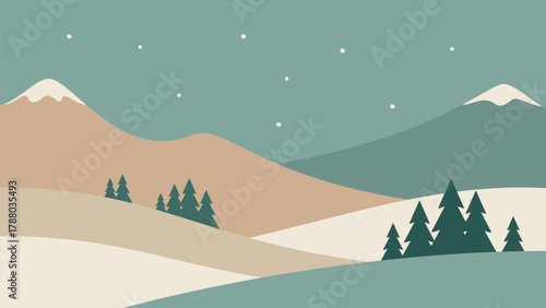 Minimalistic winter night landscape in Scandinavian style. Mountains vector art. Hand drawn original illustration for Christmas cards.