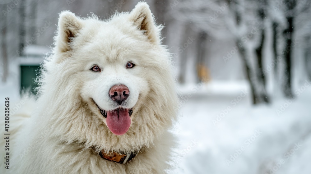 Obraz premium Samoyed Dog With a Smiling Face Stands in Soft Snow Surrounded by Trees in Winter