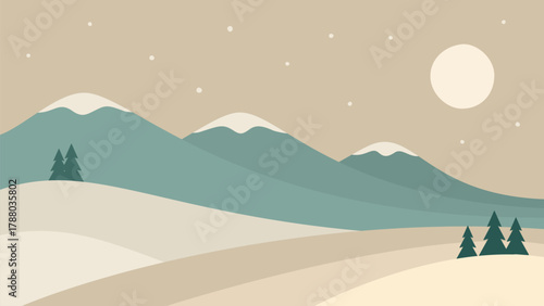 Minimalistic winter landscape in Scandinavian style. Snow-capped mountains vector art. Hand drawn original illustration for Christmas cards.