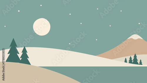 Minimalistic winter night landscape in Scandinavian style. Vector art of snow-capped mountain and the water. Hand drawn original illustration for Christmas cards.