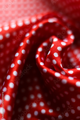 Close up of red fabric with white polka dot pattern. Soft textile folds, shiny satin texture and elegant abstract background for fashion or design themes.