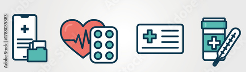 Healthcare icon set. Heart disease treatment, therapy and medic symbols. Isolated vector color images. Hand drawn original illustrations.