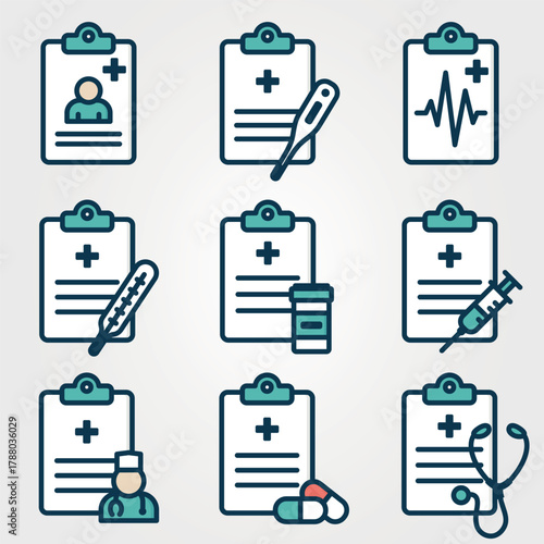 Medical prescription icon set. Healthcare documentation, clipboard and patient report card symbols. Isolated vector color images. Hand drawn original illustrations.