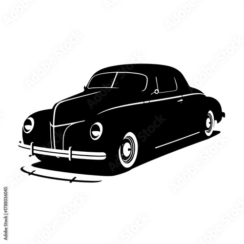 Retro Poster Design

A stylized silhouette of a 1940s two-door coupe viewed from a three-quarter angle, in flat black against a white background. Simplified lines and geometric shapes give it the look