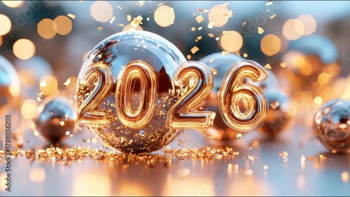 Sparkling 2026 numbers glimmer against a backdrop of shimmering bokeh lights and golden glitter, showcasing a festive atmosphere, camera zooms in for detail