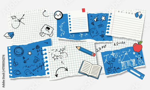 Collage of torn notebook paper with drawings, doodles, and mathematical equations on a white background