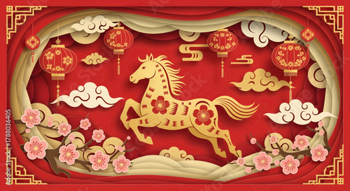 A Vibrant Chinese New Year Celebration Featuring a Majestic Horse, Traditional Lanterns, and Cherry Blossoms - Lunar Festival Greeting