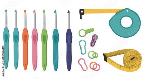 Colorful Crochet Hooks and Measuring Tapes, Sewing and Knitting Tools Set, Isolated Vector Illustration
