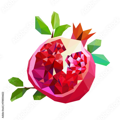 Polygonal Red halved pomegranate arranged on a white background
