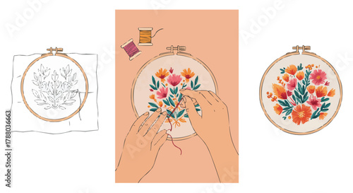 Woman Embroidering Colorful Floral Bouquet on Fabric Hoop, Needle and Thread Illustration, Hand Stitching Art Vector