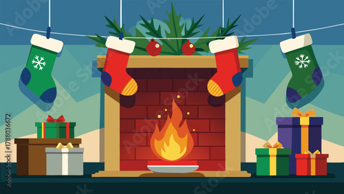 Christmas socks hanging near fireplace realistic vector art.