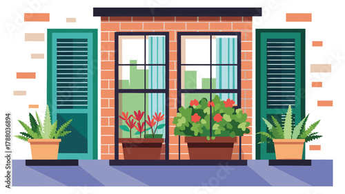Canvas Print City apartment window with flower boxes full of plants.