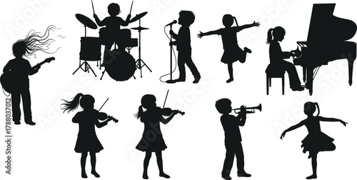 Children, music, dance, silhouette, instruments, performance, guitar, piano, drum, trumpet, violin, singing, ballet, stage, talent, rhythm, melody, concert, artistic, creative