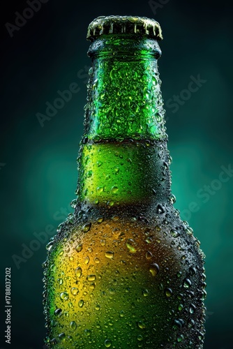 Close-up of cold green beer bottle with condensation droplets on dark moody background
