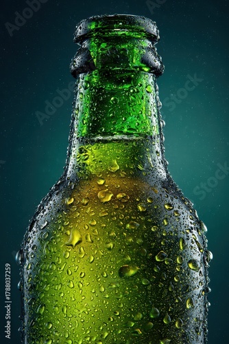 Close-up of cold green beer bottle with condensation droplets on dark moody background
