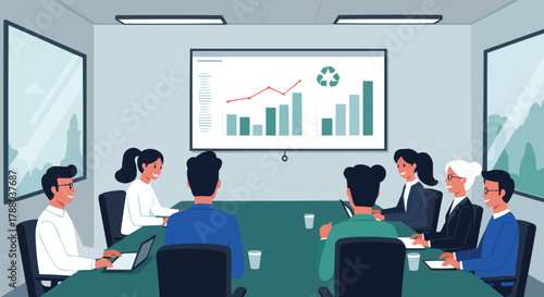 Corporate Board Meeting Discussing Sustainability Strategy, Environmental Presentation with Recycling Chart on Digital Screen