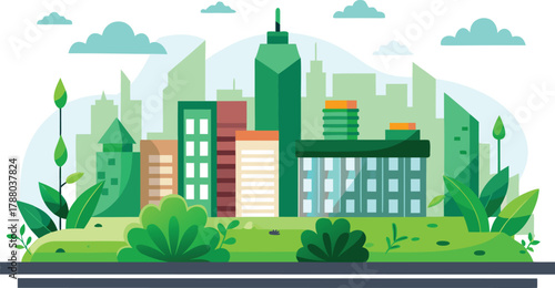 City skyline with green rooftop gardens and plants, clean vector style.
