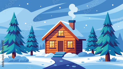 Cozy winter cabin with snowflakes and pine trees vector background illustration.