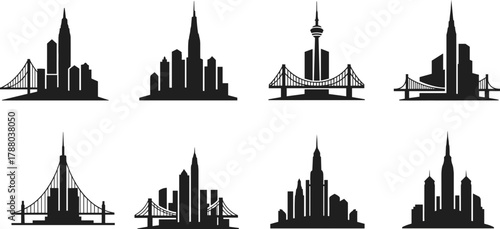 City skyline silhouette, urban architecture, bridge and skyscraper vector, modern buildings, black illustration, iconic landmarks, metropolitan design, night cityscape