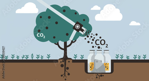 Tree absorbing carbon dioxide with industrial carbon capture machine storing CO2 underground, sustainable energy and environmental protection concept vector illustration