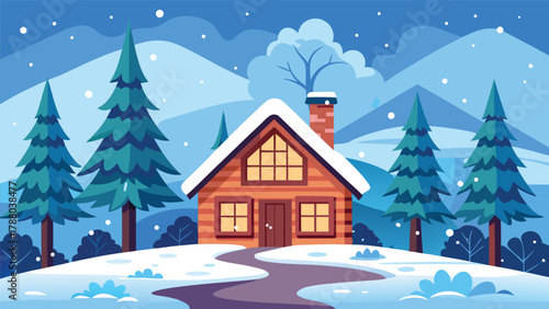 Cozy winter cabin with snowflakes and pine trees vector background.