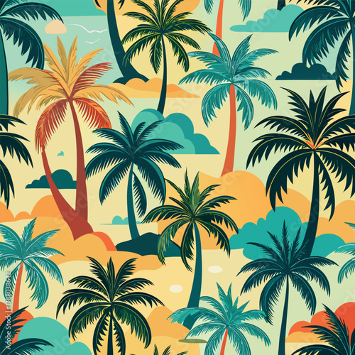 Tropical palm tree pattern with sunset colors and beach background.