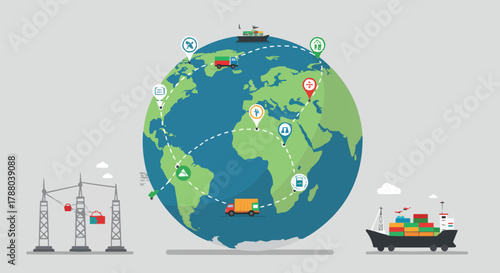 Global Shipping and Logistics Network Vector with Cargo Crane, Container Ship, and World Map Route Tracing