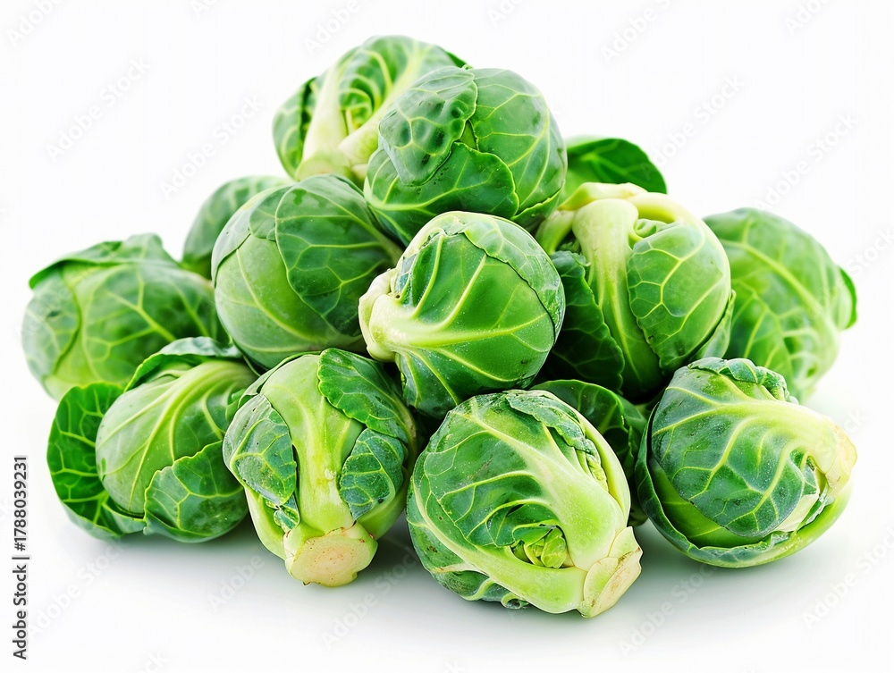 Obraz premium Fresh brussels sprouts piled together on a white background showcasing their vibrant green color and tight leaves